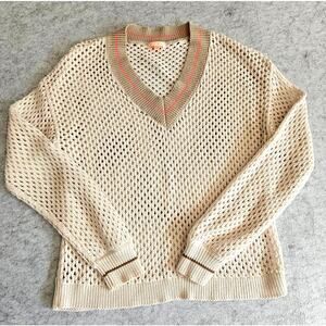 Lisa Todd Beach Bum Cotton V-Neck Open Knit Sweater Cream Cottagecore Sz S